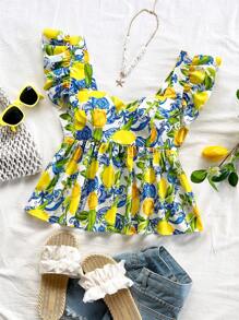 Soleia 新款柠檬印花海滩西部音乐节夏季波西米亚风黄色荷叶边袖女式农民衬衫 - 黃色 - 查看 3