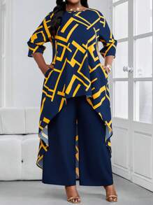 SHEIN Lady  Four Seasons Two Piece Outfits Women Outfit Sets Fall Two Piece Sets Casual Elegant Women's White Woven Stand Collar Elegant Layered Women Fall Sets New Women's Two-Piece Set Women's Casual Plus Size Co-Ords Geometric Print - Royal Blue - View 5