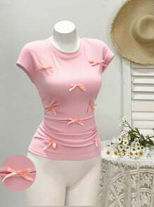 Chiquease Women's Elegant Solid Color Bow Decor Ruched T-Shirt - Dusty Pink - View 1