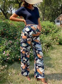SHEIN Maternity Tropical Leaf Print Long Pants And Round Neck T-Shirt 2 Pieces Set - Blue - View 1