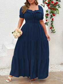 Flirla 大码情人节荷叶边系腰无袖连衣裙 - 藏蓝色 - 查看 5