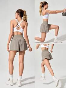 GLOWMODE Crossover Flowy Built-In Shorts 2-In-1 Quick-Dry Shorts Low Impact Breathable Cycling Running Gym Workout Summer - Khaki - View 7