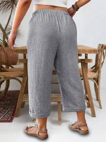 Linhara Plus Size Linen Texture Wood Button Decorated Side Pockets Casual Cropped Pants - Grey - View 2
