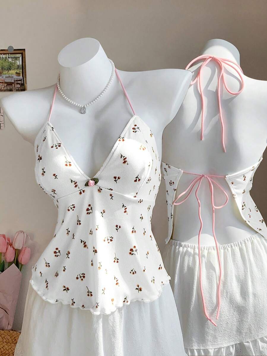 Comfortcana Women's White Ditsy Floral Rib Knit Halter Crop Top: Boho Style With Lettuce Trim And Asymmetrical Hem - White - View 1