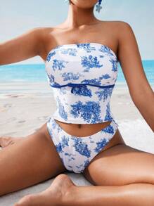 Swim Mod Women's Spring Vacation Ditsy Floral Bandeau Bikini Set For Summer - Blue and White - View 4