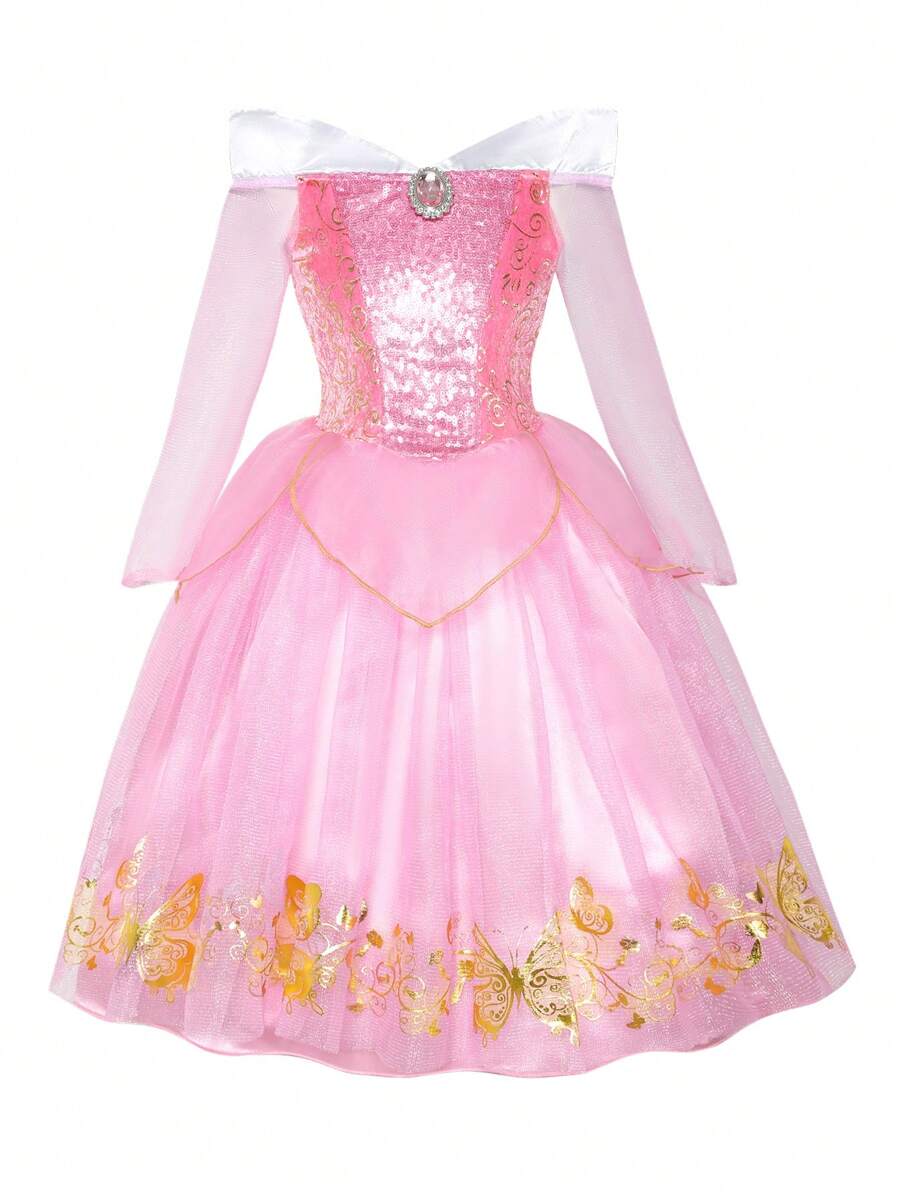 SHEIN Young Girl Elegant Off Shoulder Net Yarn Princess Dress, & Sweet, Suitable For Birthday Party, Dance Show, Wedding, Amusement Park And More, 4-7 Years - Hot Pink - View 1
