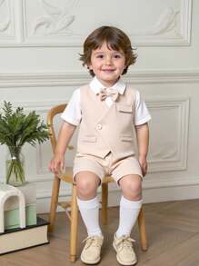 طقم سترة كاجوال بأسلوب أكاديمي رسمي من اللون الخاكي وشورت خصر مطاطي للأولاد الصغار، مناسب لحفلة عيد الميلاد، الحفلات المسائية، المناسبات، حفلات الأطفال، المعمودية وعودة للمدرسة - كاكي - مشاهدة 2