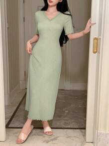 DAZY Minimalist Knitted Fitted Lace Patchwork V-Neck Loungewear Dress - Green - View 3