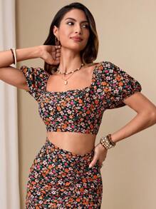 Chiquease Women Elegant Puff Sleeve Ditsy Floral Cropped Blouse - Multicolor - View 1