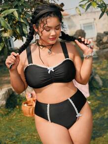 Swim Mod Ensemble maillot de bain 2 pièces pour femmes grandes tailles, vacances à la plage douces et mignonnes. Bretelles réglables noires, décoration de nœud floral en dentelle blanche - Noir - Voir 7