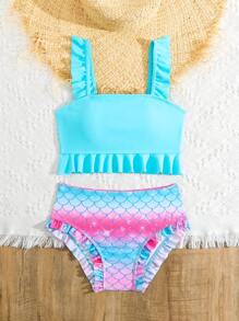 Tween Girl Holiday Fish Scale Print Ruffled Trim Bikini Set Summer Bathing Suits 1pc For Teens Bathing Suits For Girls One Piece Bathing Suits For Girls Kids Swim Suits For Girls Two Pieces Bathing Suit For Girls - Blue - View 3