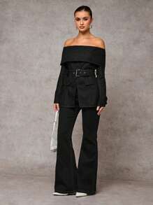 SHEIN BAE 女士休闲露肩牛仔外套 - 黑色 - 查看 5