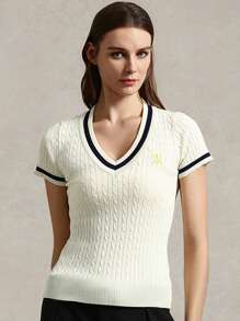 Briarwyn Blusa lavorata a maglia con scollo a V, maniche corte, contrasto di colore, con ricamo a lettera, per outfit estivi da donna, casual business