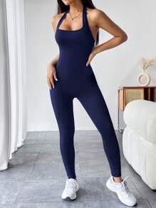 SHEIN PETITE Solid Halter Neck Backless Unitard Spring Women Jumpsuit Navy Blue - Navy Blue - View 5