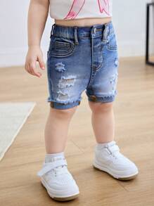 SHEIN Baby Girls' Light Wash Stretchy Denim Shorts With Distressed Detail And Zipper - Light Wash - View 5