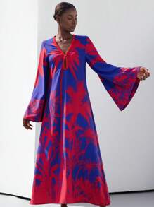 Aveloria Modichic Elegante abito lungo con maniche a sbuffo per donna, con stampa di palme e taglio scollato, in stile boho per vacanze, vestibilità morbida
