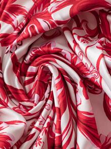 SHEIN LUNE Plus Size Women Elegant White Background Red Flower Cap Sleeve Deep V Backless Bodysuit With Long Skirt, 2 Pieces Set, Spring/Summer - Red and White - View 5