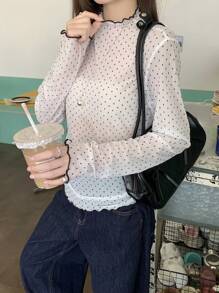 DAZY Plus Size Women's Casual Korean Style Polka Dot Long Sleeve T-Shirt, Summer Preppy Tops,Fall Women Clothes