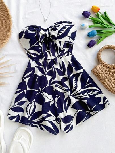 Soleia Women's Vacation Blue & White Printed Bandeau Jumpsuit With Twist Front, Loose Wide Leg Shorts, Suitable For Spring/Summer Beach, Cruise, Party, Date