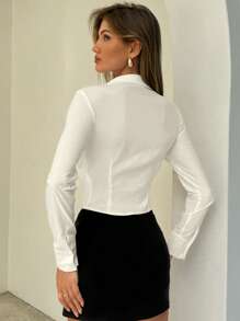 Aloruh Women's New Office Commuter Daily Wear Pointed Hem Bust Ruched Collar Single-Breasted Open Front Embroidered Slim Fit Long Sleeve White Blouse