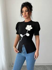 Elenzga Women's Round Neck Contrast Color Gigot Sleeve Floral Print T-Shirt - Black - View 3