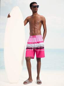 Surfspeed Men's Striped Drawstring Waist Loose Beach Shorts - Hot Pink - View 1