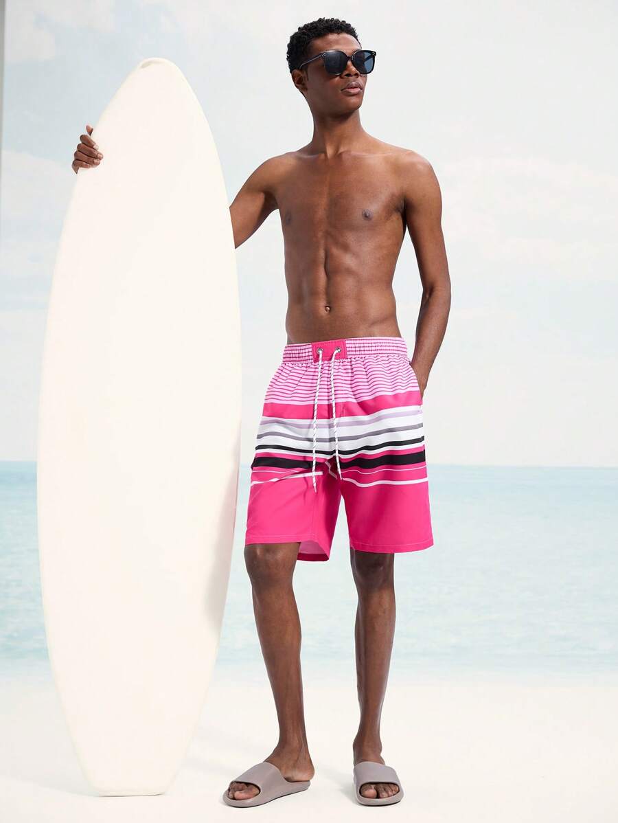Surfspeed Men's Striped Drawstring Waist Loose Beach Shorts - Hot Pink - View 1
