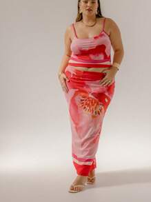 Aralina Curve Plus Size 水彩花卉细肩带上衣和半身裙两件套夏季套装 - 珊瑚粉 - 查看 5