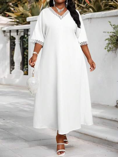 SHEIN Lady Spring And Summer Casual Elegant Commuting Boho Casual Outing White Woven V Neck Ball Gown Batwing Sleeve Ruffle Neck Tunic Dress Short SleevePlus Size Dresses Summer Outfits For Women Bohemia Vacation Women Summer Clothes Vacation Dress White Dresses Classy Elegant Vacation Outfits Woman Boho Women Clothing Women Clothing Summer White Dresses,Formal Dresses For Women