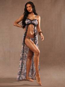 Hauture Capa larga sexy con detalles de encaje y estampado animal abstracto