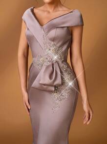 Serin Elegant Luxurious Pearl Diamond Embroidery Lace Applique Satin Off-Shoulder Fishtail Dress, Suitable For Weddings, Parties, Vacations, Balls, Mother Of The Bride Gown, Valentine's Day - Light Grey - View 3