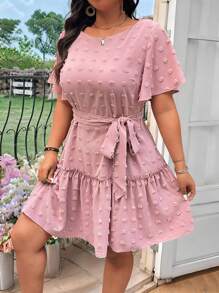 SHEIN Clasi Vestido de punto con volantes en las mangas, cordón y textura para mujer talla grande - Rosa - Ver 3