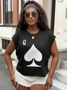 Slaydiva 女式黑桃皇后休闲图案加大码宽松圆领连帽 T 恤，适合夏季穿着 - 黑色 - 查看 5