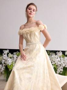 MOTF Soiréza WOMEN'S 3D FLORAL OFF SHOULDER COCKTAIL DRESS - Yellow - View 3