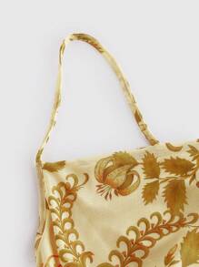 SHEIN MOD Vestido talla grande con cuello en V, abertura lateral, volantes en el bajo, estampado gráfico y tono de pintura al óleo amarillo retro y elegante