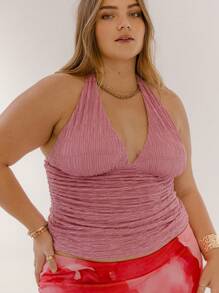 Aralina Curve Plus Size Ruched Halter Neck Slim Fit Backless Tie Up Going Out Top - Hot Pink - View 5