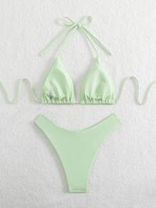 Swim Mod 女士纯色露背比基尼套装，简约时尚，适合日常休闲海滩穿着 - 綠色 - 查看 2