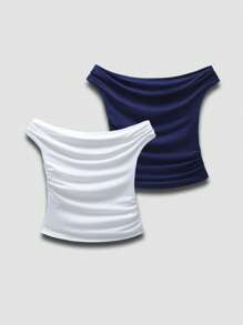 Sweetra Summer Sexy Solid Color Ruched Off Shoulder Top - Multicolor - View 2