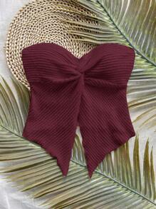 SHEIN 栗色扭纹前胸短款上衣、休闲度假海滩吊带背心、青少年女孩春夏装 - 酒紅色 - 查看 3