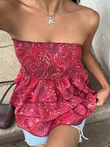 Sunnyshic Women's Summer Casual Vacation Dark Paisley Print Multi-Layer Asymmetrical Ruffle Hem Tube Top - Multicolor - View 6