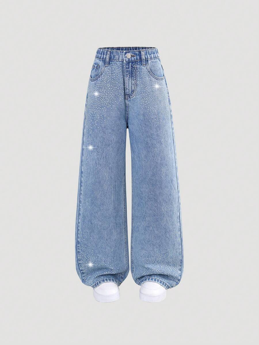 Tween Girl Fashionable Straight Leg Rhinestoned Distressed Wide Leg Jeans - Medium Wash - View 1