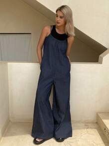 DAZY 女士度假休闲条纹阔腿牛仔连体裤 - 深色水洗藍 - 查看 3