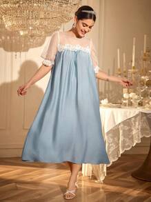 SHEIN Retro French Style Loose Contrast Color Lace Puff Sleeve Maxi Nightgown, Suitable For Wedding Season