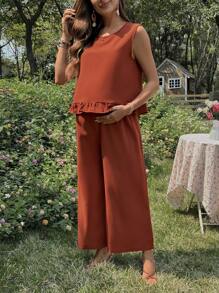 SHEIN 2pcs/Set Maternity Solid Color Ruffle Hem Sleeveless Top And Adjustable Waist Pants Casual Set - Orange - View 3