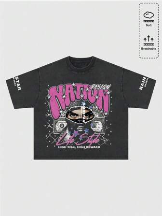 Maglietta vintage oversize da uomo con stampa lavata e spalla cadente