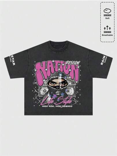 Men's Washed Print Loose Drop Shoulder Short Vintage Streetwear T-Shirt