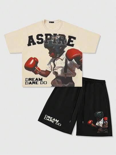 Street Life Ensemble t-shirt ample et short avec imprimé de boxe pour homme, style vintage de rue