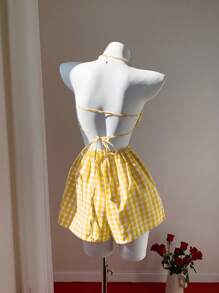 Comfortcana Women's Boho Yellow Gingham Strapless Sleeveless Short Jumpsuit With Knot Detail And Cut-Out Sides - Yellow - View 2