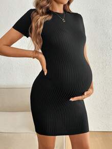 SHEIN Maternity Solid Color Short Sleeve Dress, Fashionable For Summer - Black - View 4