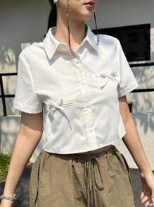 Teen Girl Loose Casual Minimalist Comfy Tie Neck Bow Decor Short Sleeve Blouse - White - View 6